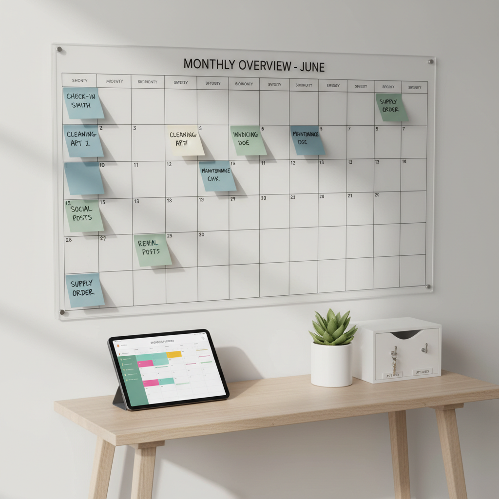 A large, wall-mounted monthly planner board filled with neatly arranged sticky notes in muted blues and greens, each labeled with tasks like check-in, cleaning, and invoicing, above a simple wooden console table. On the console sits an open tablet showing an organized reservation calendar, beside a small plant in a white ceramic pot and a tidy key box labeled with apartment numbers. Diffused daylight from the side casts soft, directional light, emphasizing order and clarity. Photographic realism, shot from a slightly elevated angle with sharp focus across the frame. The atmosphere is controlled, reliable, and methodical, symbolizing a virtual assistant keeping every detail of private rentals under control.