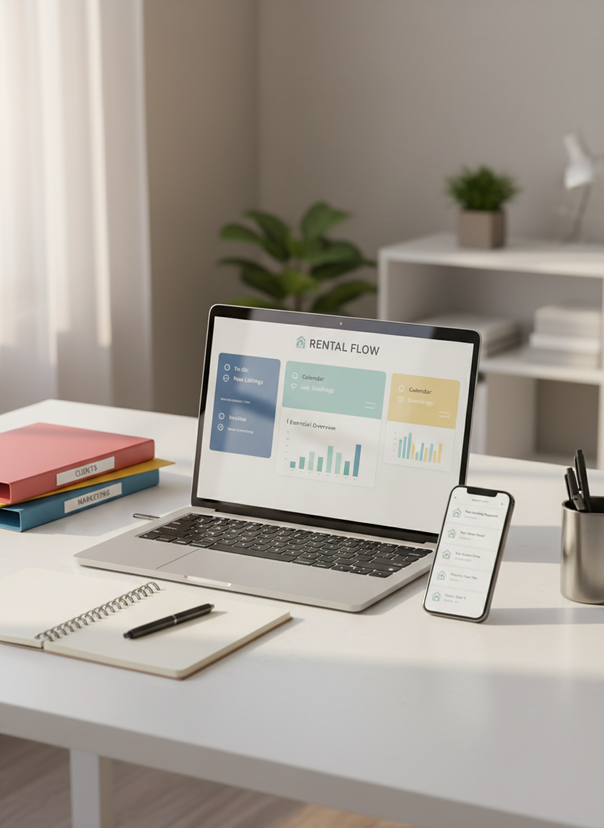 A sleek glass-topped laptop displaying a clean dashboard of neatly organized tasks and calendars, next to a slim smartphone showing incoming booking notifications, both resting on a matte white desk with a subtle texture. Around them are color-coded folders, a small metal desk organizer, and a minimalist notebook with a pen aligned precisely. Soft morning daylight from an unseen window washes over the scene, creating gentle reflections on the screens and faint shadows beneath the objects. Photographic realism, eye-level composition with shallow depth of field, background fading into a softly blurred neutral office interior. The mood is professional, calm, and highly organized, visually representing virtual assistance and efficient business support for small rental owners and entrepreneurs.